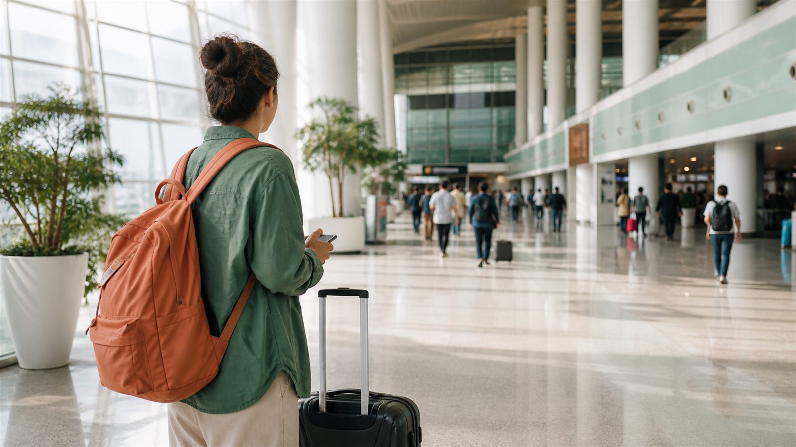 International traveller navigating a China airport arrival hall