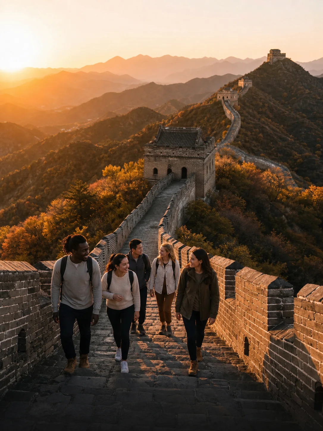 International visitors walking on the Great Wall near Beijing at sunrise