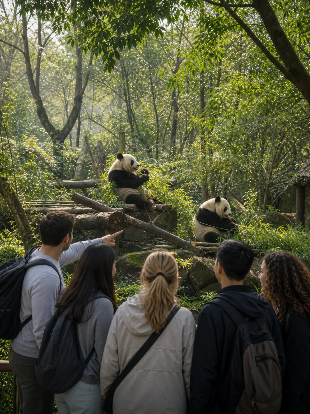 International visitors watching giant pandas in a leafy Chengdu habitat