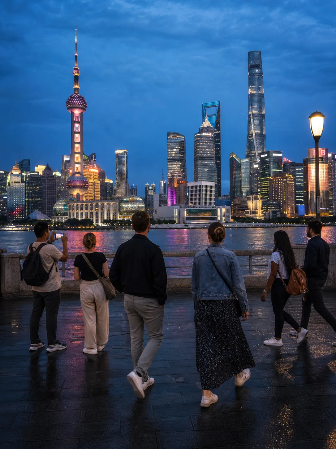 International visitors looking across the Huangpu River to the Shanghai skyline at blue hour