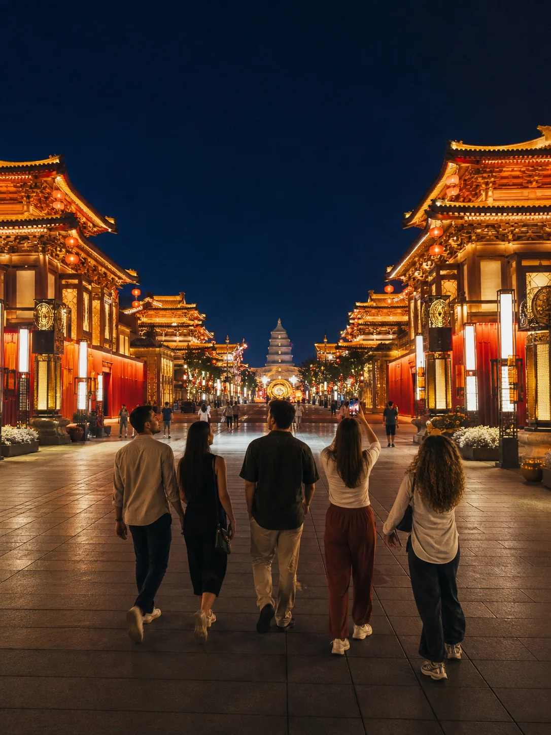 International visitors walking through Xi'an's illuminated Grand Tang Mall at night